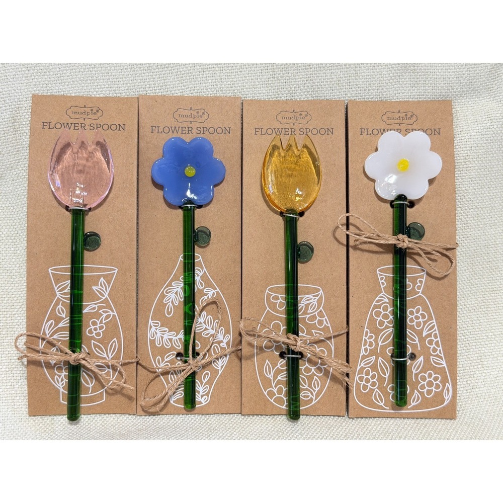 Mud Pie 4 Glass Flower Spoon Set Pink Yellow Tulips & White Blue Daisy Garden